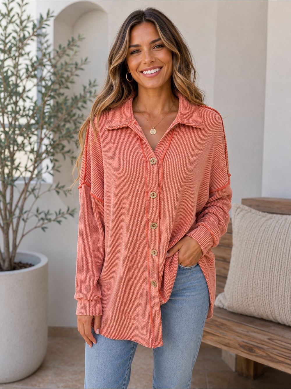 Heimish USA Coral Waffle Knit Shacket Tunic Button Front Oversized Large